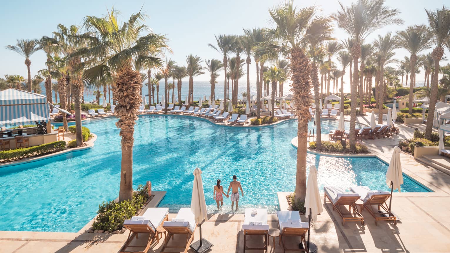 Couple enters outdoor swimming pool under palm trees, sun
