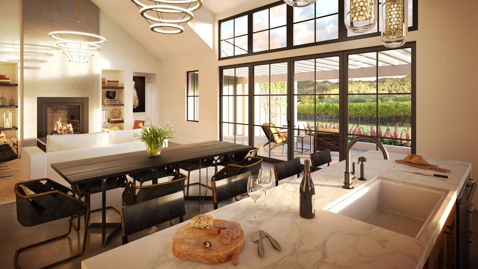 Modern lights, chandeliers over dining table, modern kitchen counter with cheese board, wine
