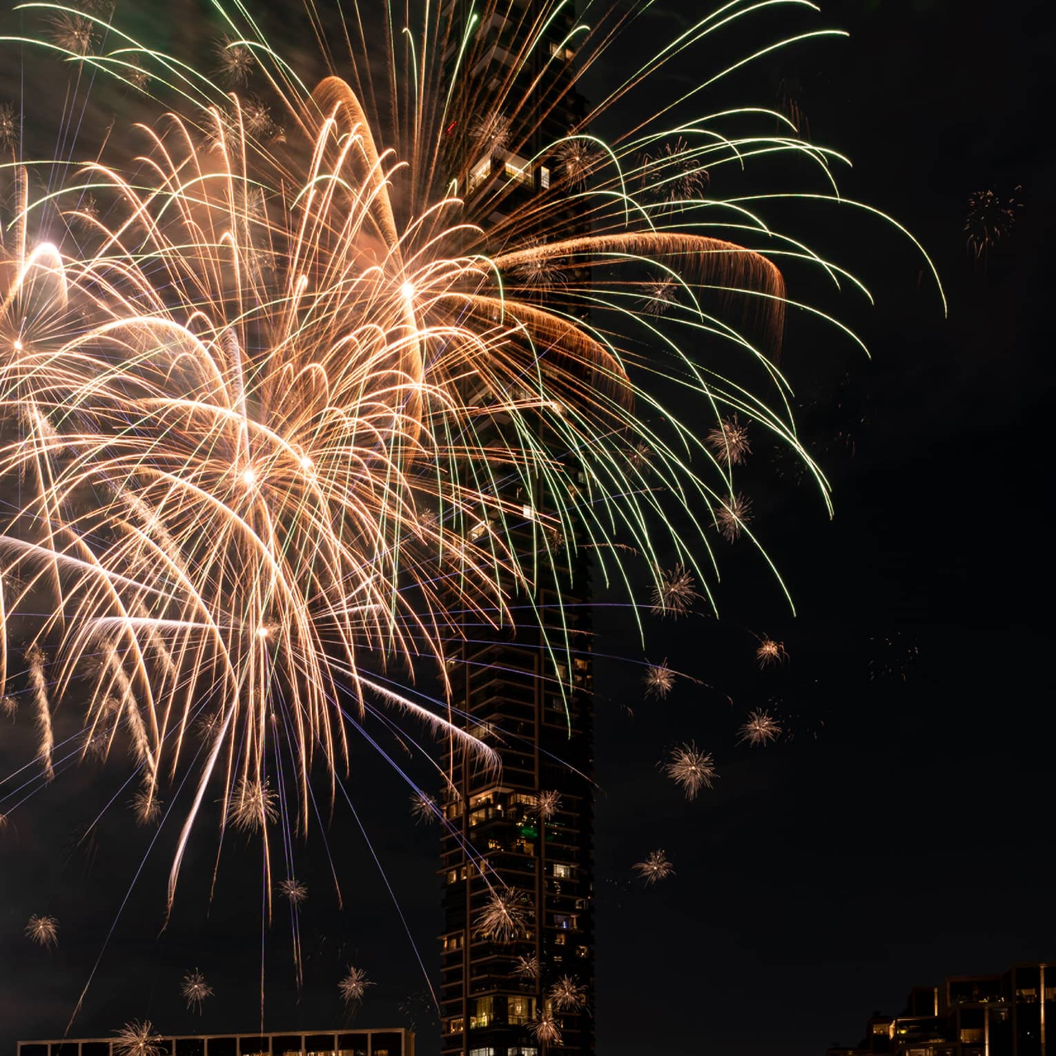 Colourful fireworks are set off at night by the river