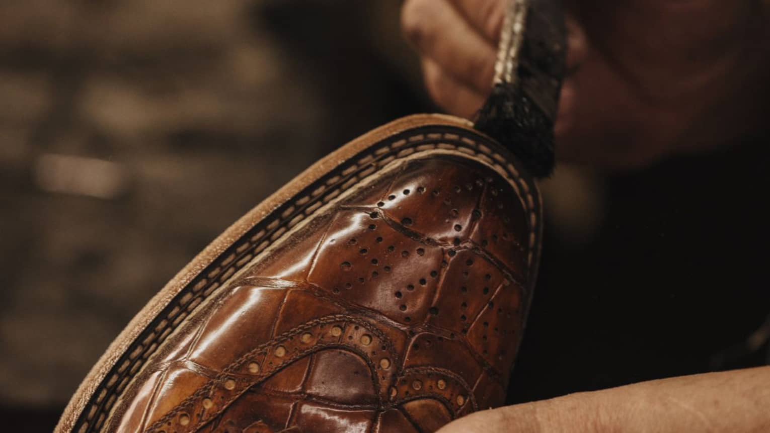 Paintbrush on brown leather shoe.