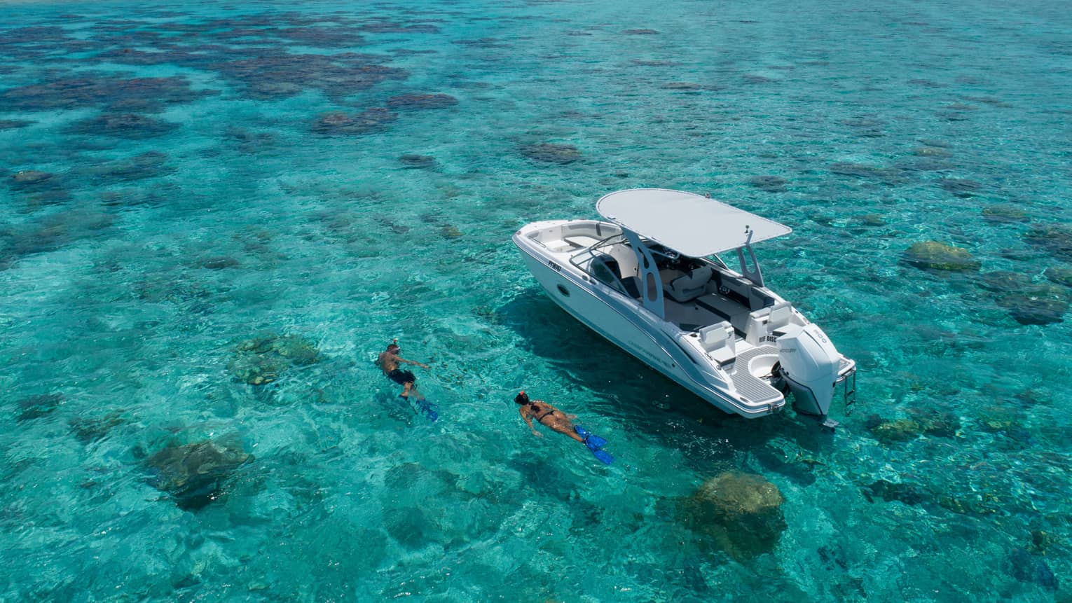 Two people snorkel in shallow turquoise water next to speed-boat