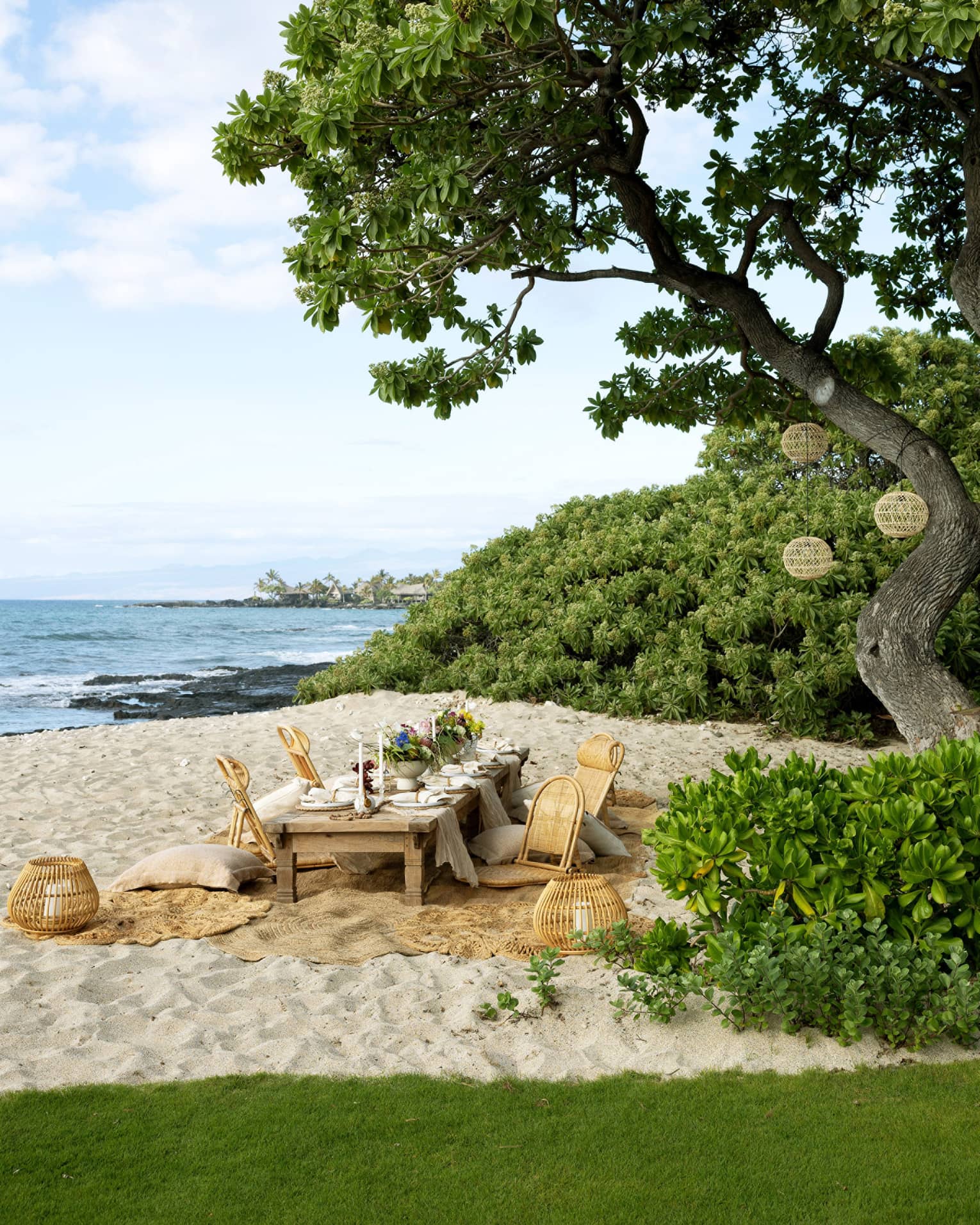 A long, low table elegantly set for gourmet picnic on the beach under a tree