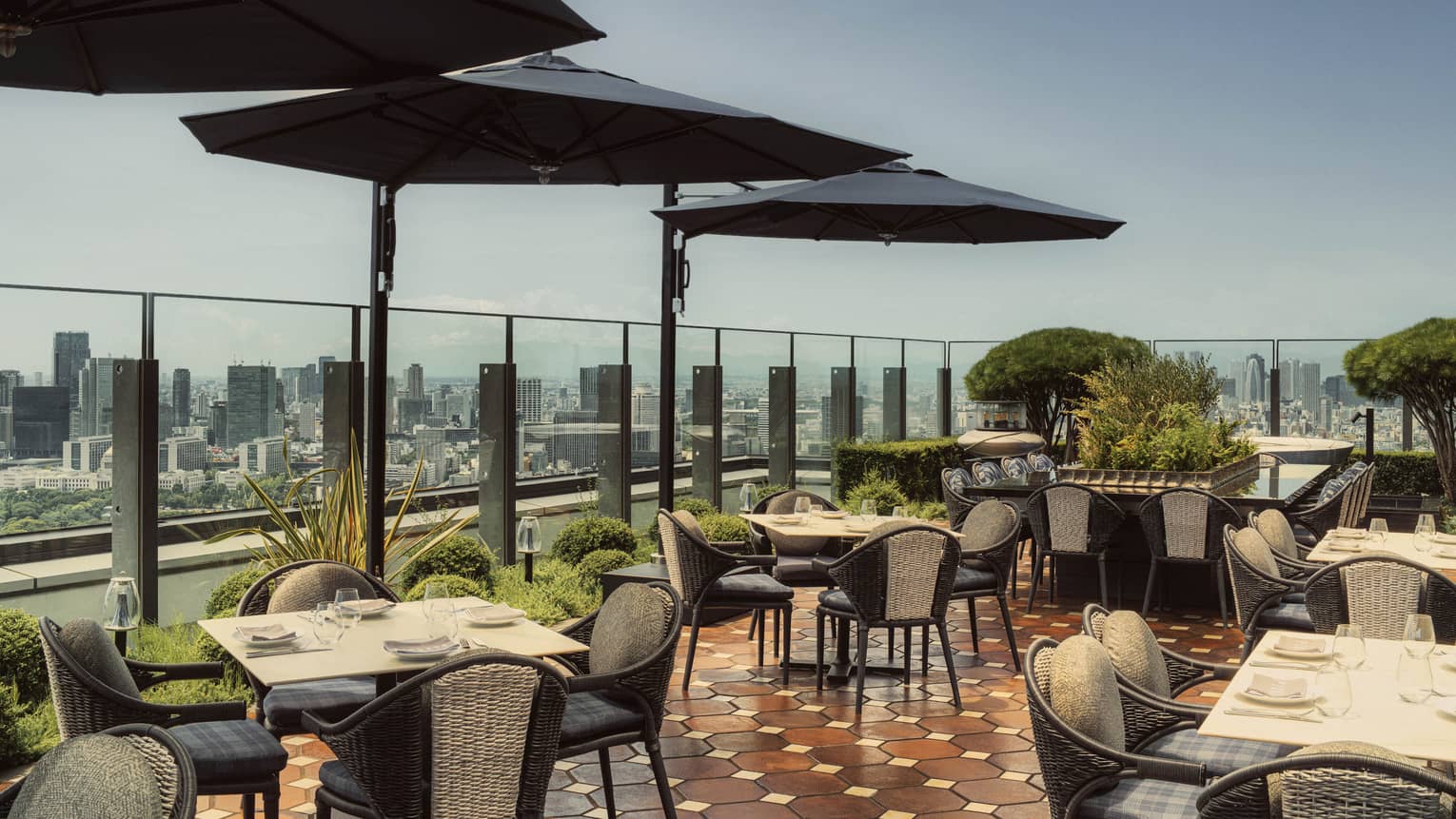 Outdoor restaurant terrace with city views