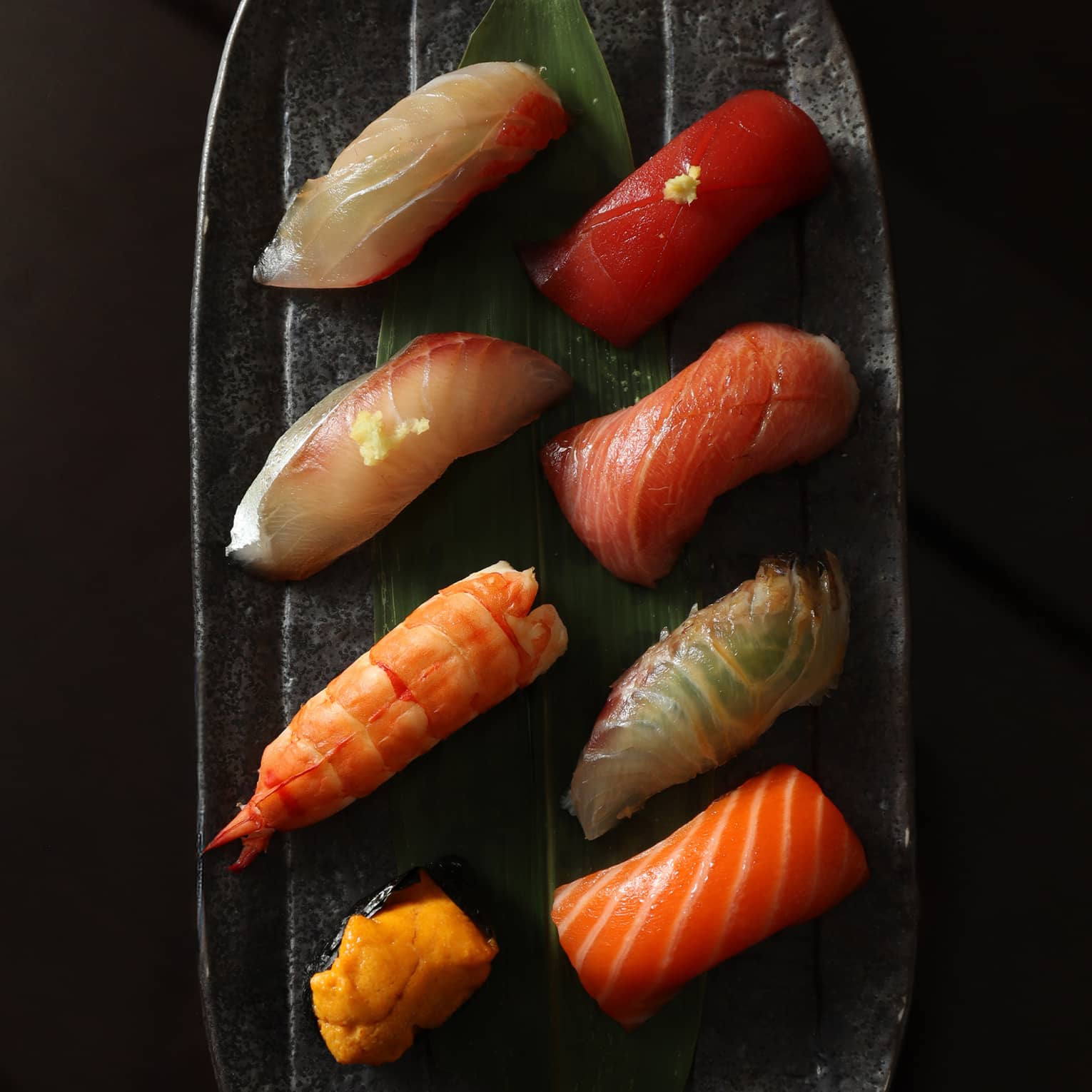 Eight pieces of the chef?s seasonal selection, showcasing the finest cuts of fresh fish
