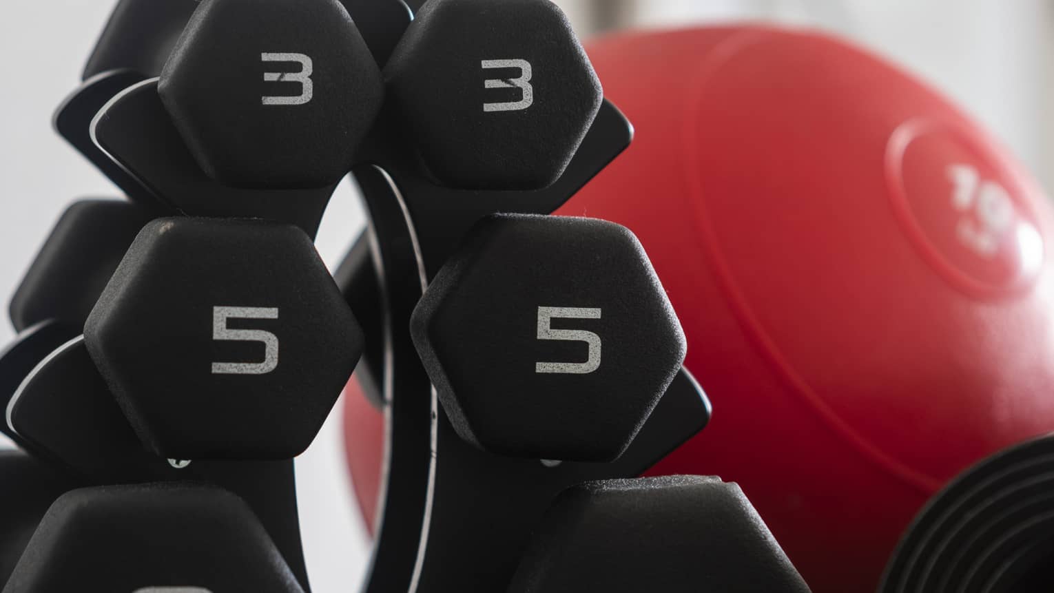 A set of free weights and a red weight ball.
