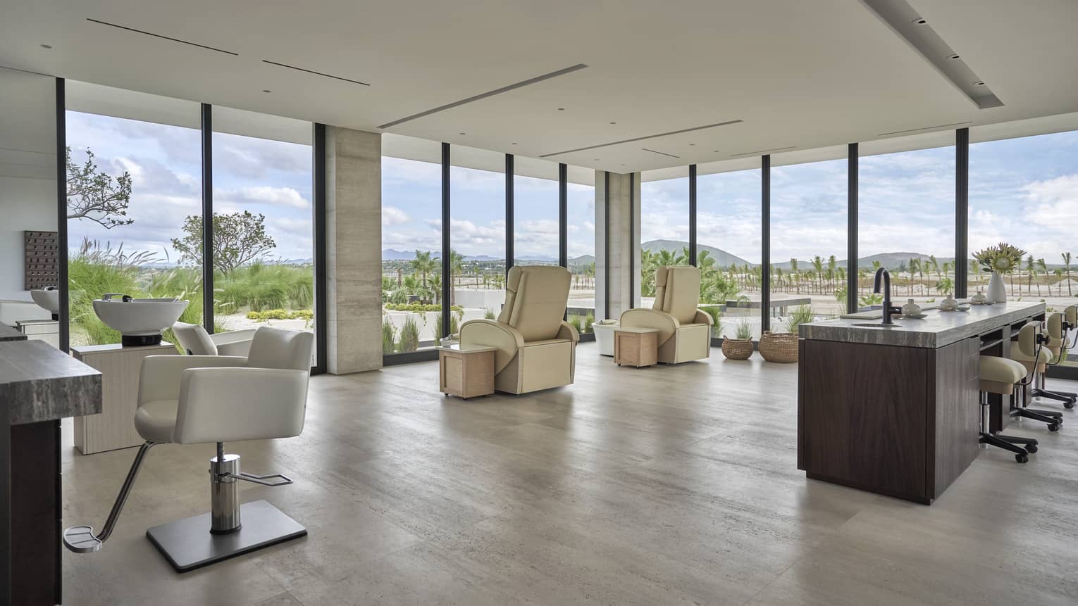 Modern spa with white hair salon chair, manicure and pedicure stations