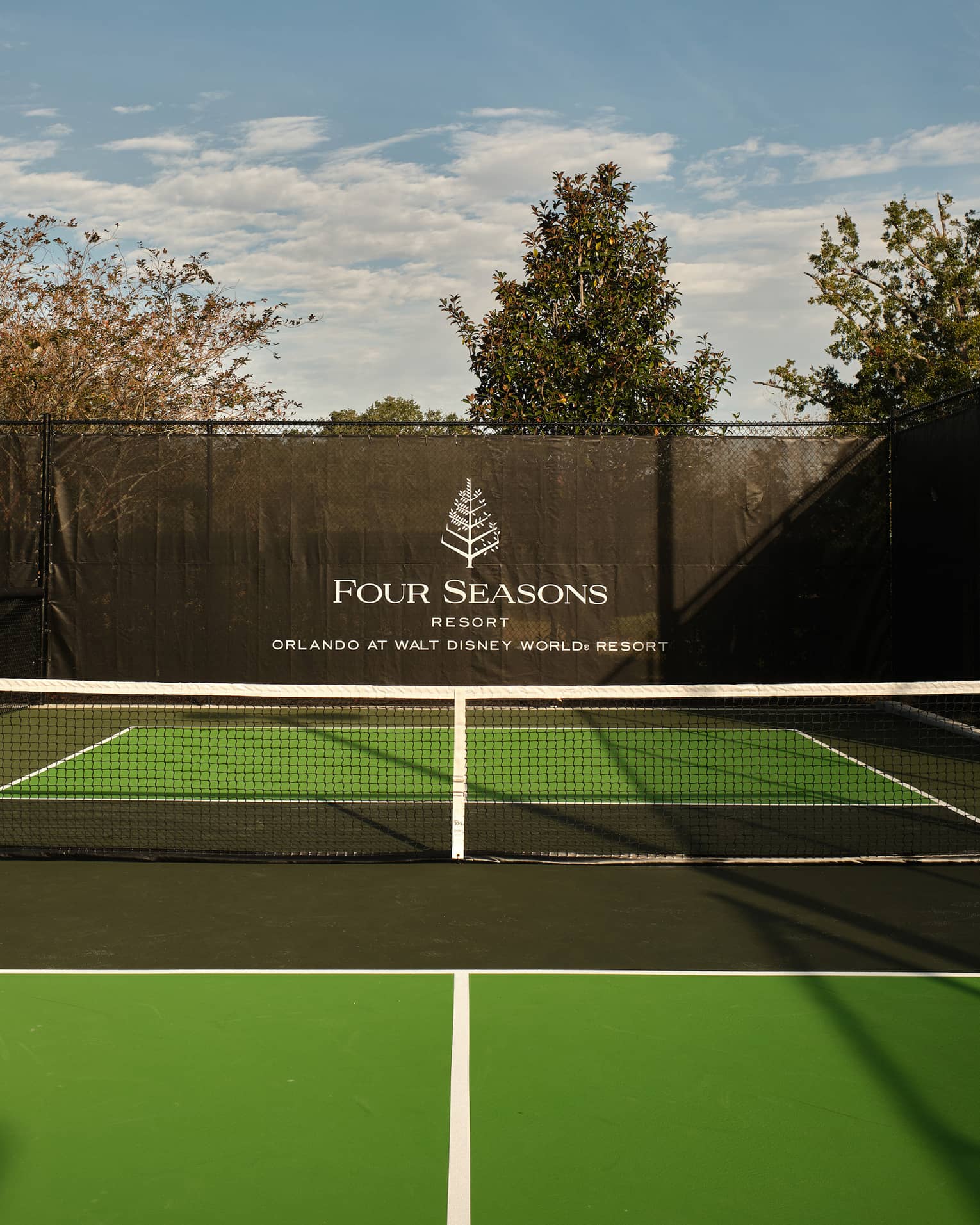 A pickleball court with trees in the background
