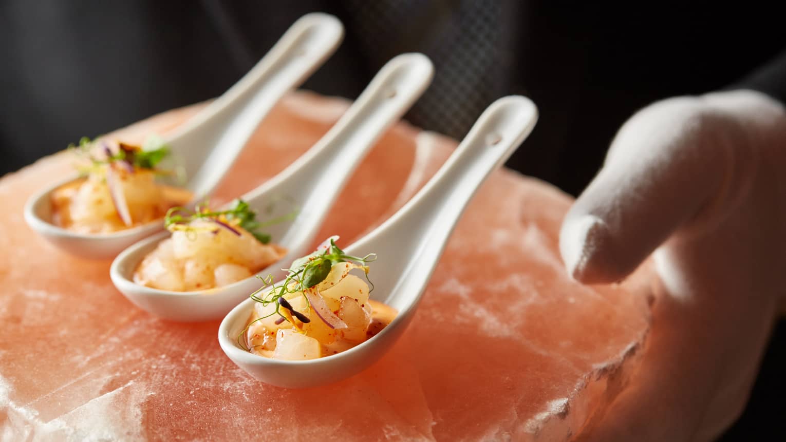 Close-up of three white serving spoons with ceviche on slab of pink salt 