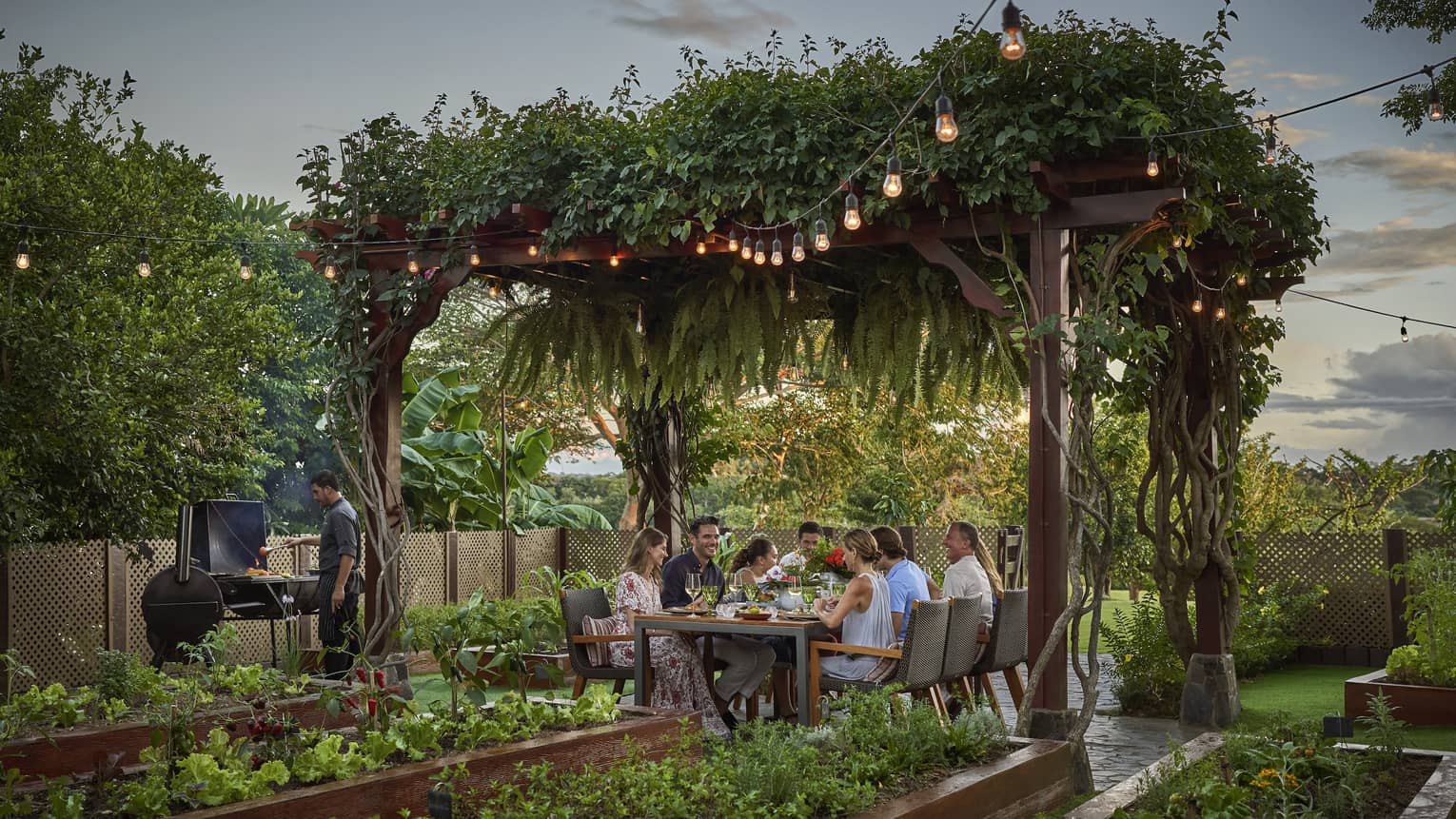 A group sits at a dinner table set underneath a pergola topped with greenery and surrounded by garden boxes