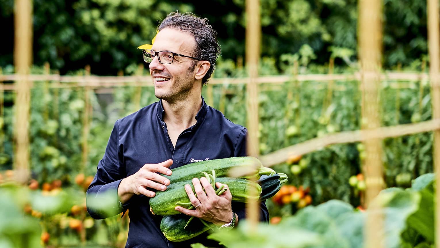 Chef holds large zucchinis in lush Kitchen Garden