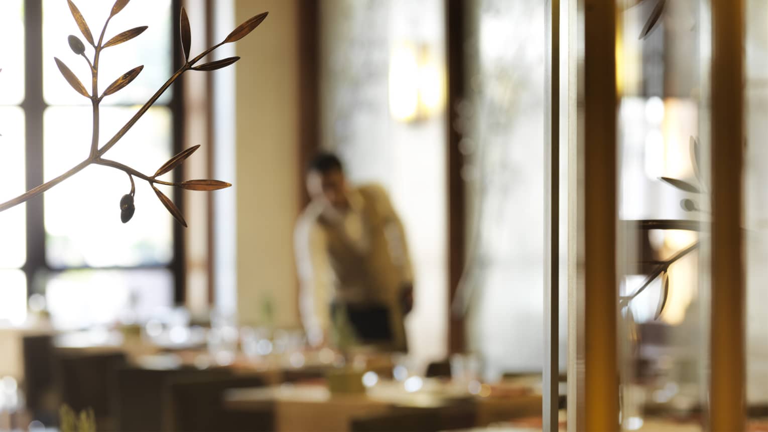 An out of focus image of a waiter serving a meal.