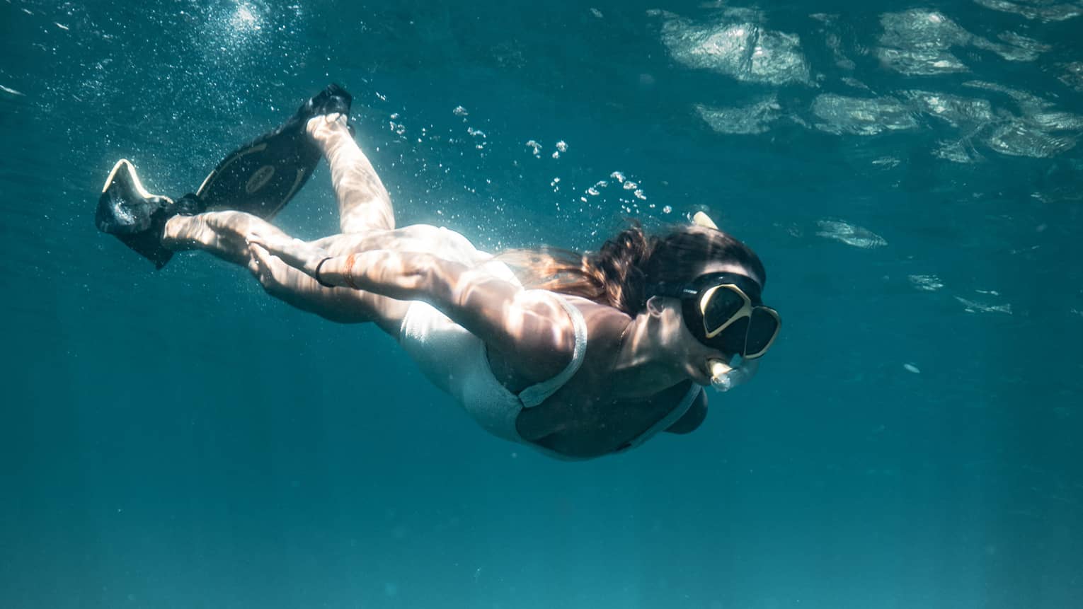 Light filters below the water’s dark blue surface as a diver with fins, goggles and a snorkel kicks toward the seafloor.