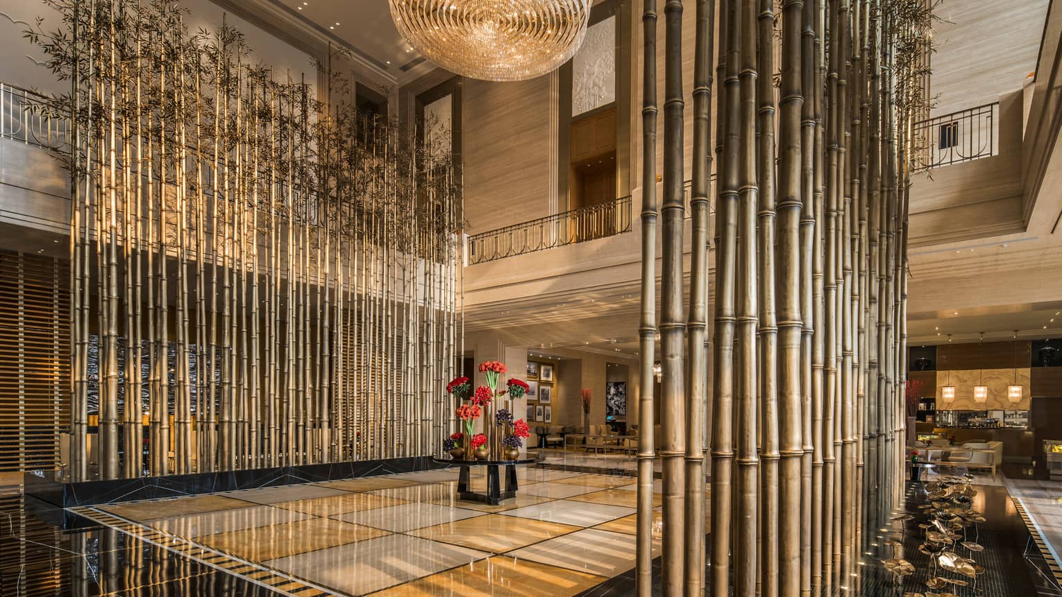 Tianjin Luxury Hotels Four Seasons Hotel Tall Bamboo Sticks Leaves Above Four Seasons Hotel Tianjin Lobby Flowers Tile Floor