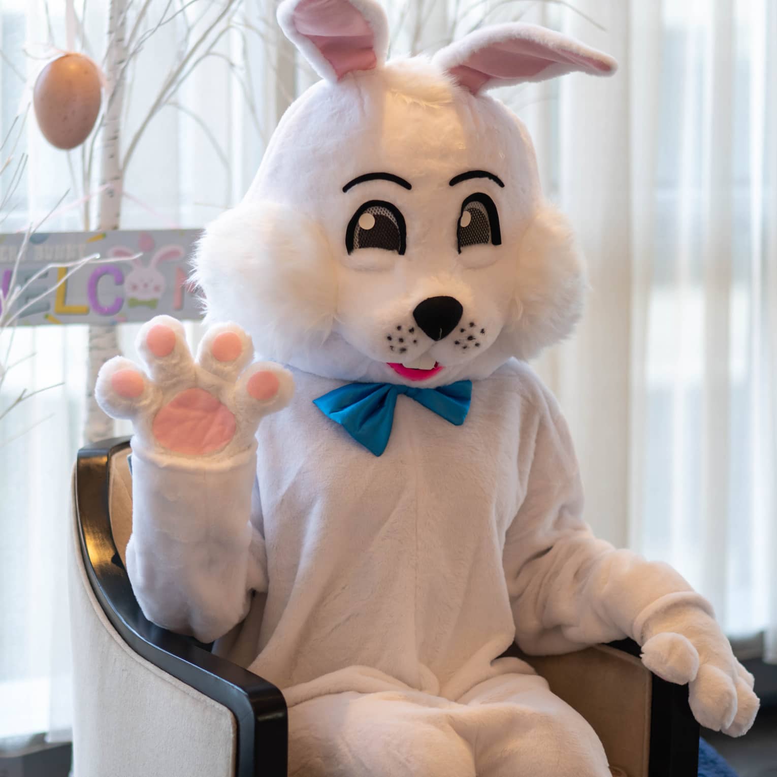 A person wearing an Easter Bunny costume and sitting near a tree decorated with Easter eggs