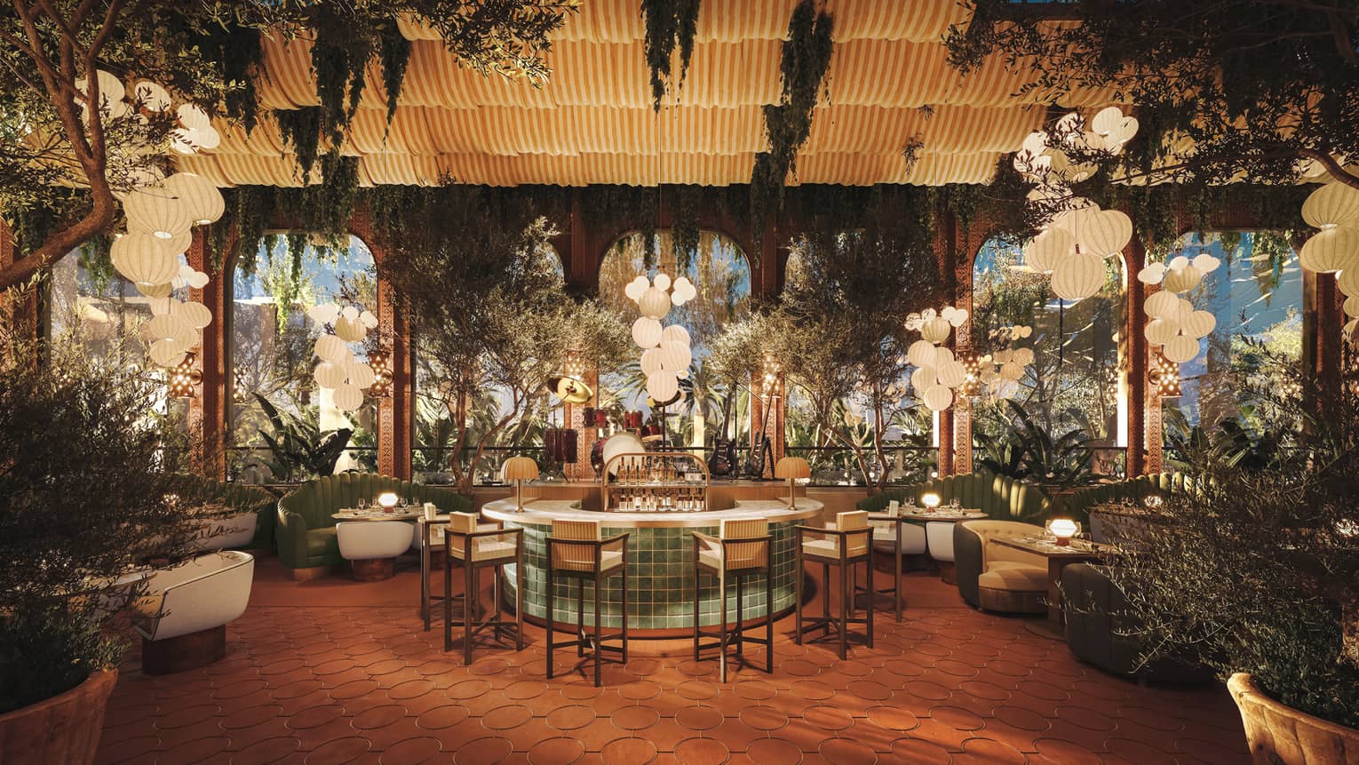 Indoor restaurant and bar with potted and hanging greenery