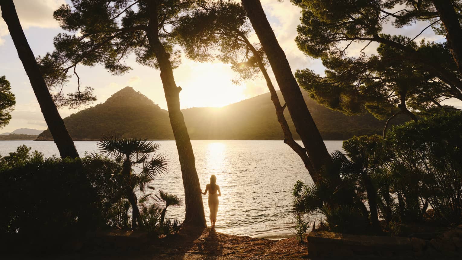 Silhouetted by the sun dipping behind a mountain, a guest stands at the edge of rippling water framed by tall leaning trees.