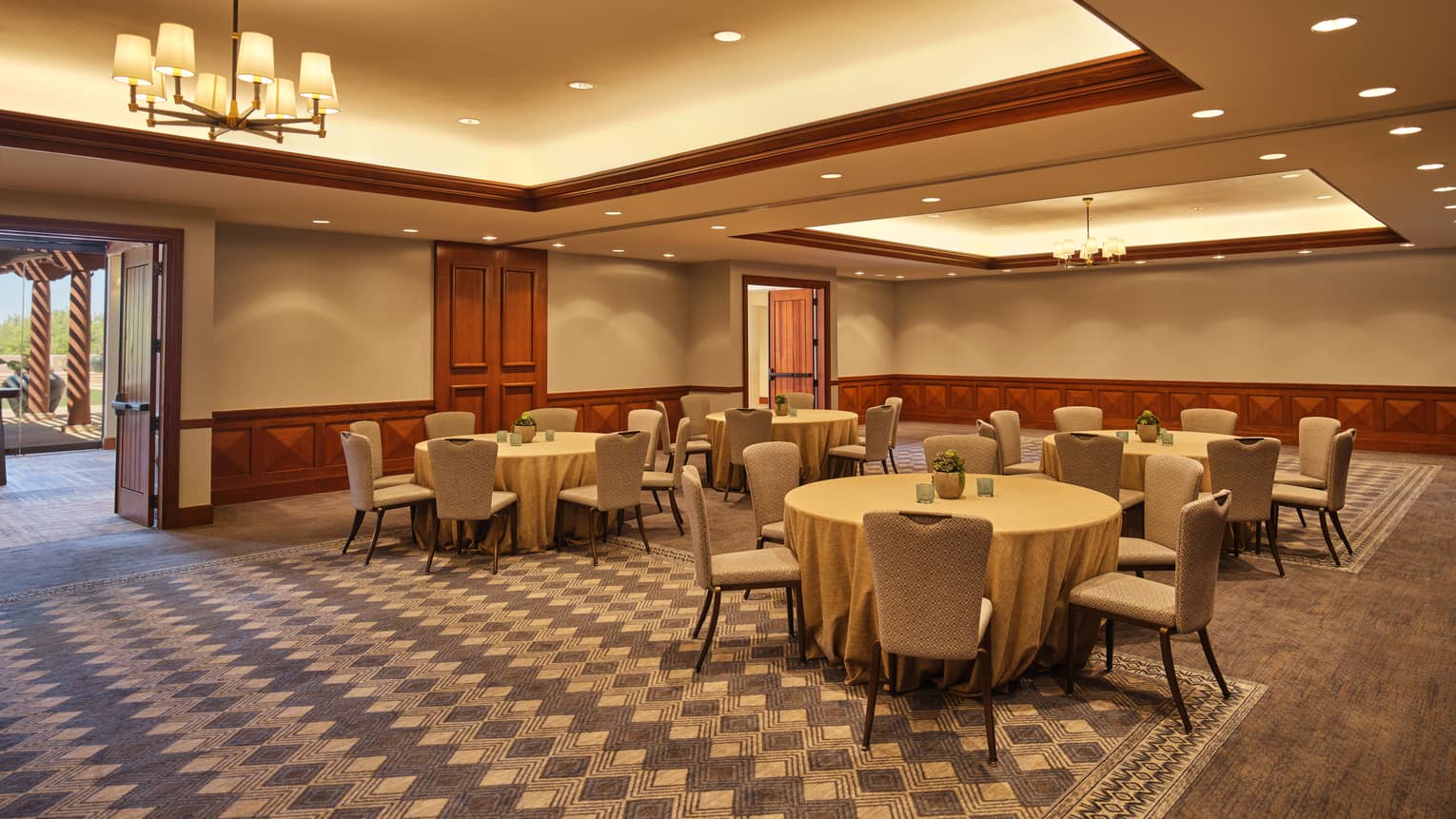 A function room with patterned rugs and a chandelier