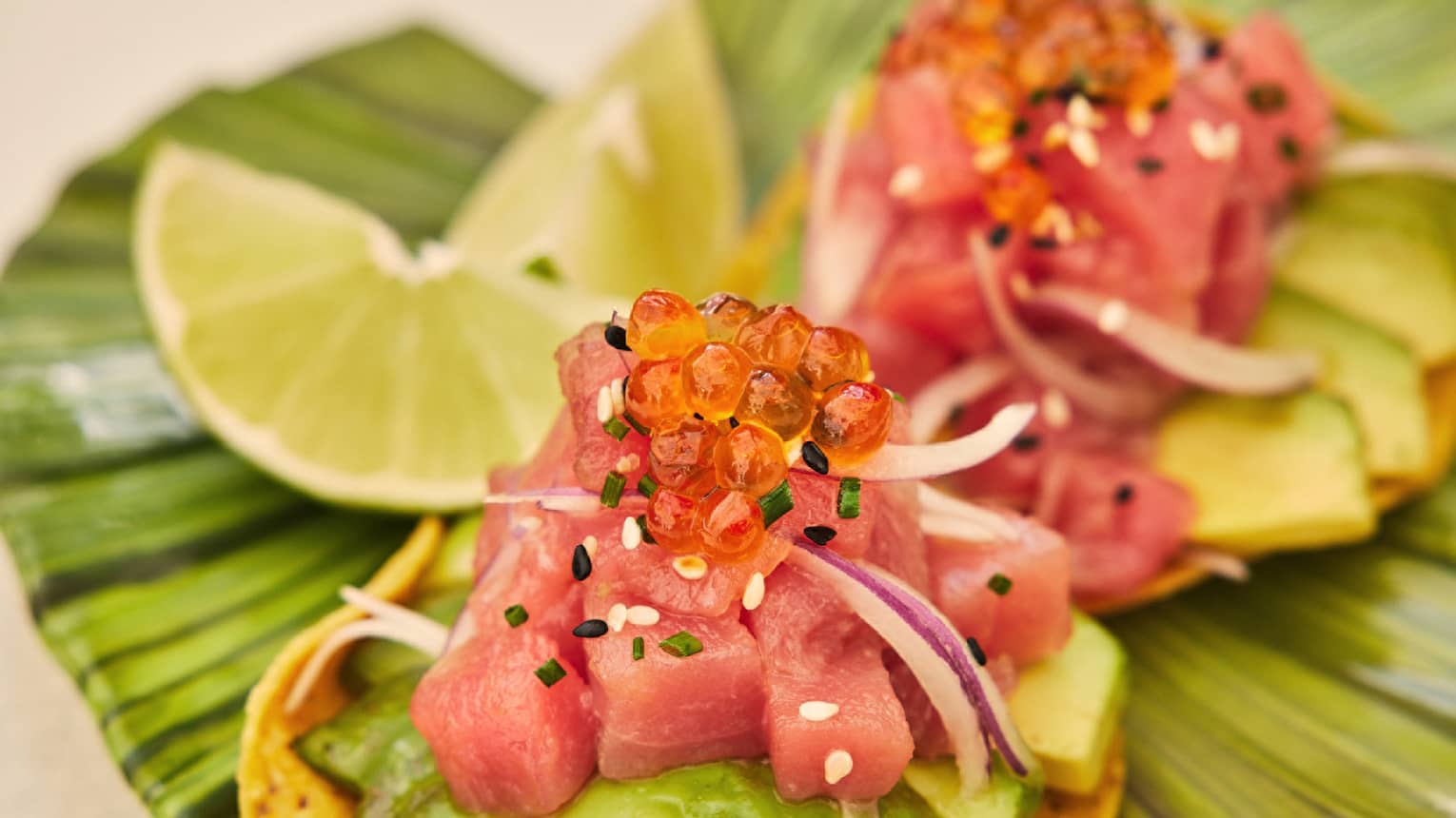 Raw fish on avocado and a small cracker.