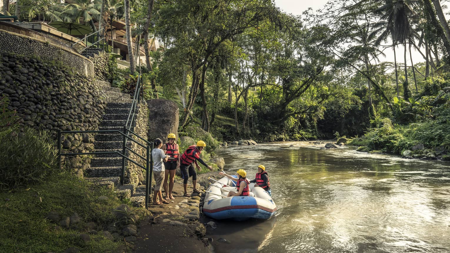 Guests disembarking from a raft after a river adventure in Bali 