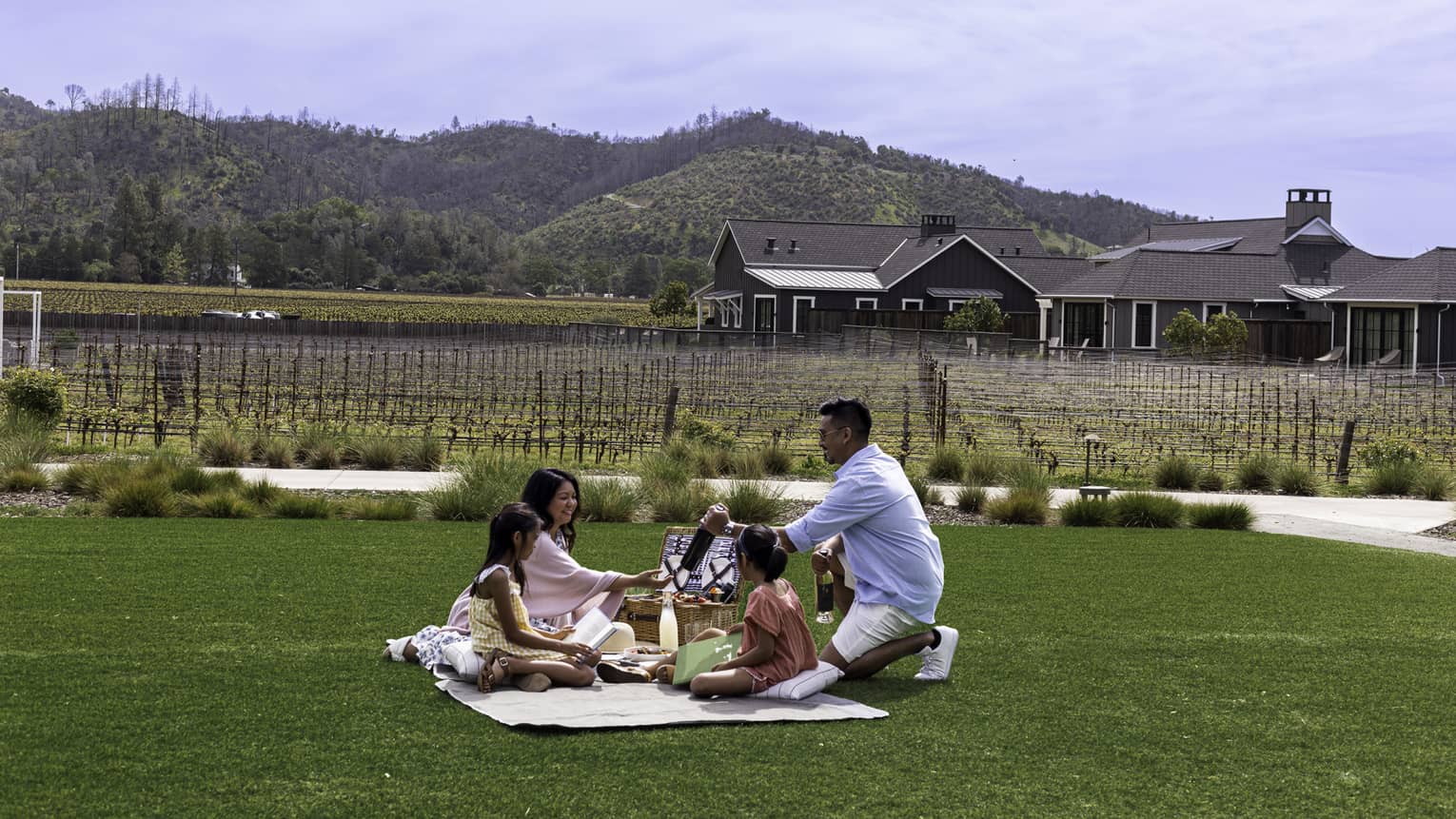 Parents hold bottles of wine and their children read on a blanket on a green lawn in front of rows of vines and grassy hills.
