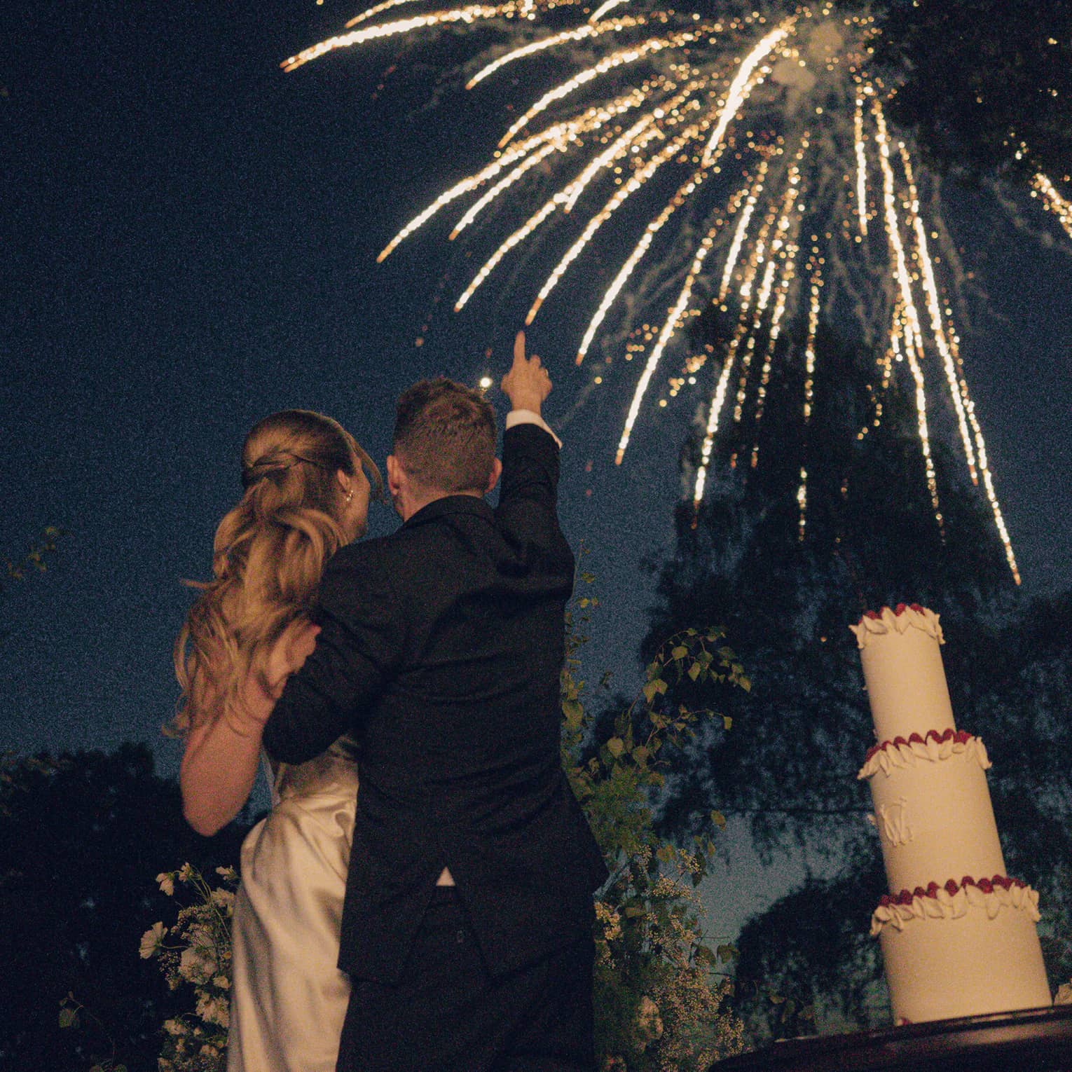 A bride and groom look at fireworks in a night sky.