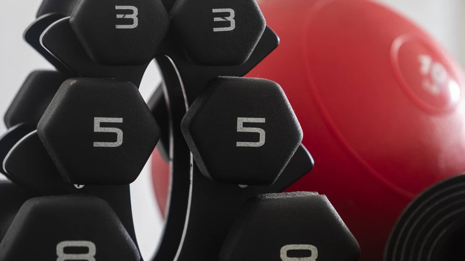 A set of free weights and a red weight ball.