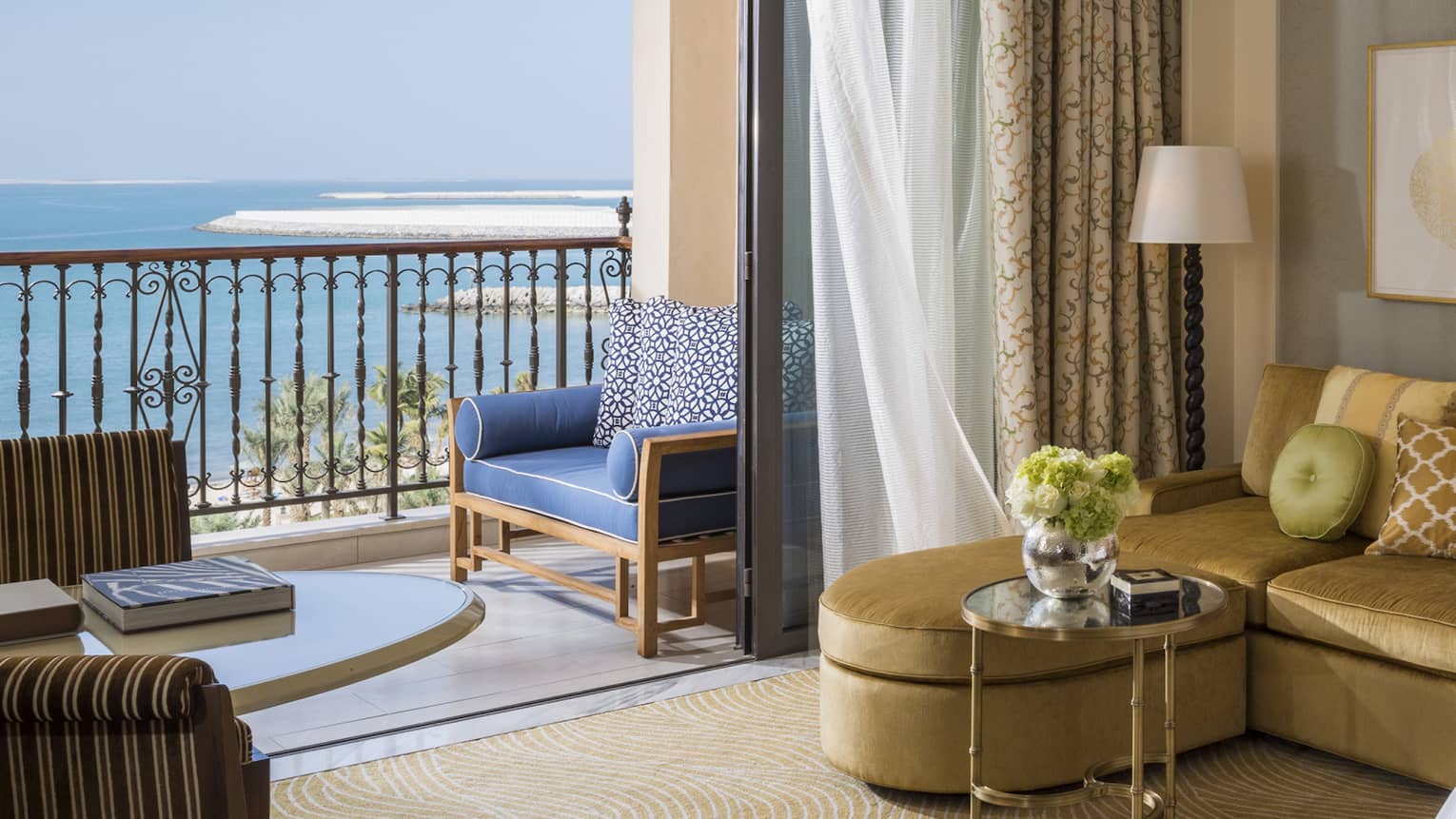 luxury hotel room with elegant decor and sea view