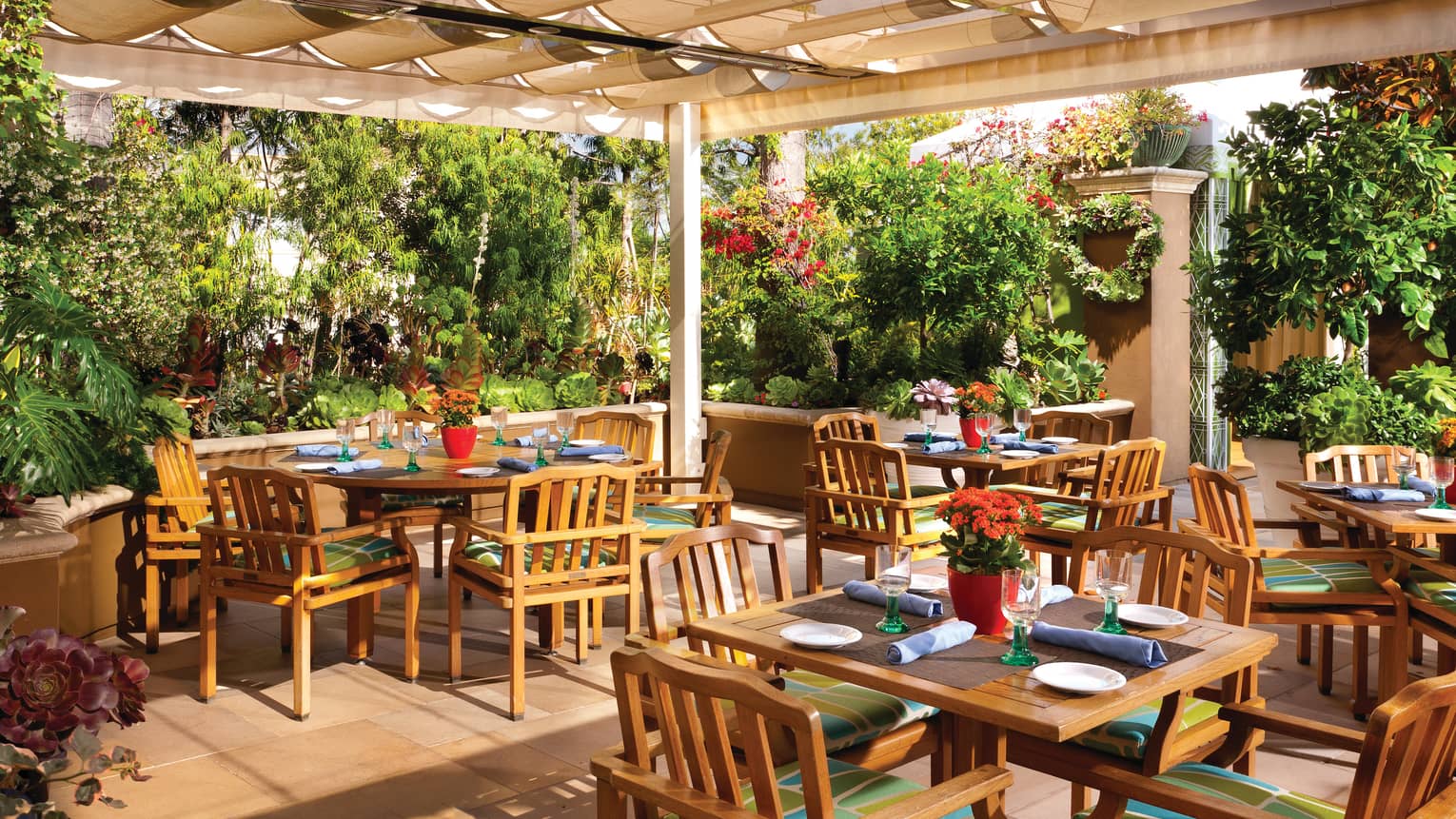 Los Angeles Restaurants Four Seasons At Beverly Hills Cabana Restaurant Patio Dining Tables Chairs Under Pergola Surrounded By Trees
