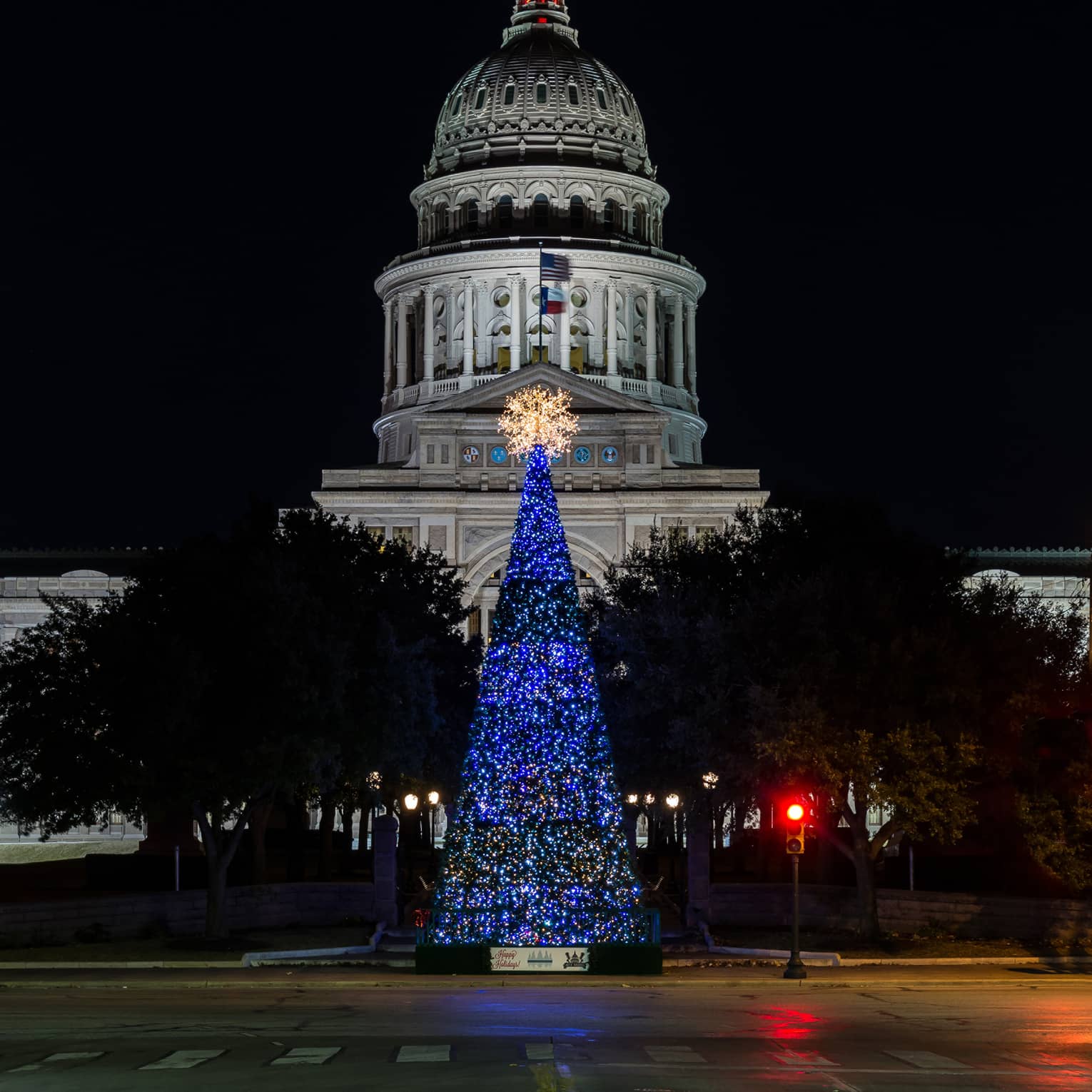 A blue lit Christmas tree in front of a capital building at night.