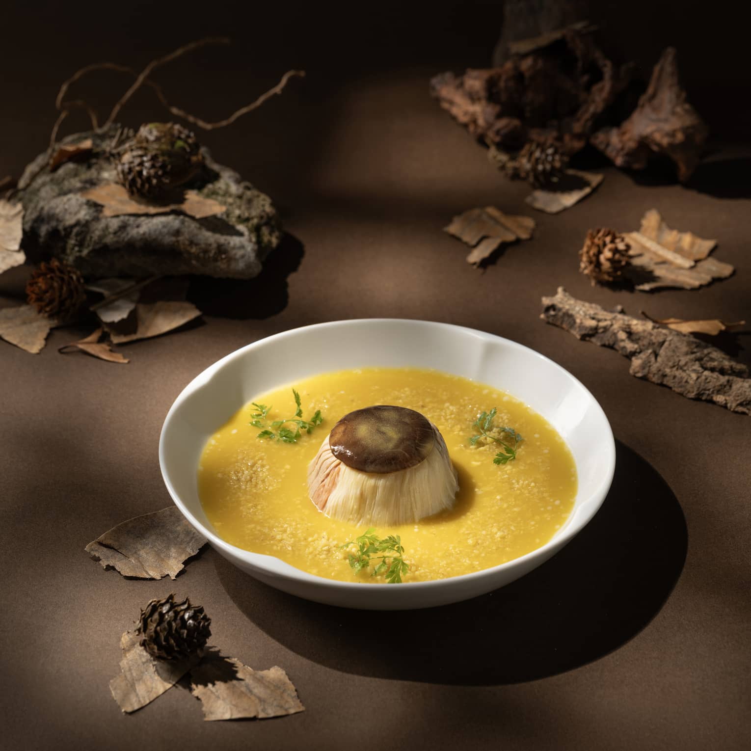 Steamed duck dish with orange sauce on white plate