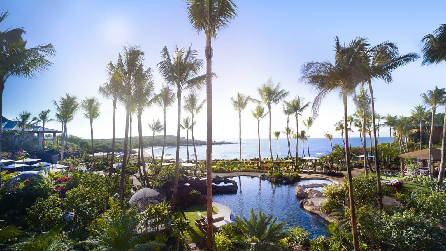 View over Four Seasons Resort Hawaii, Lanai outdoor swimming pools, palm trees by ocean