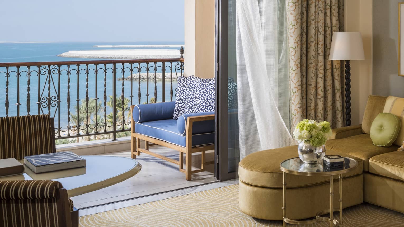 luxury hotel room with elegant decor and sea view