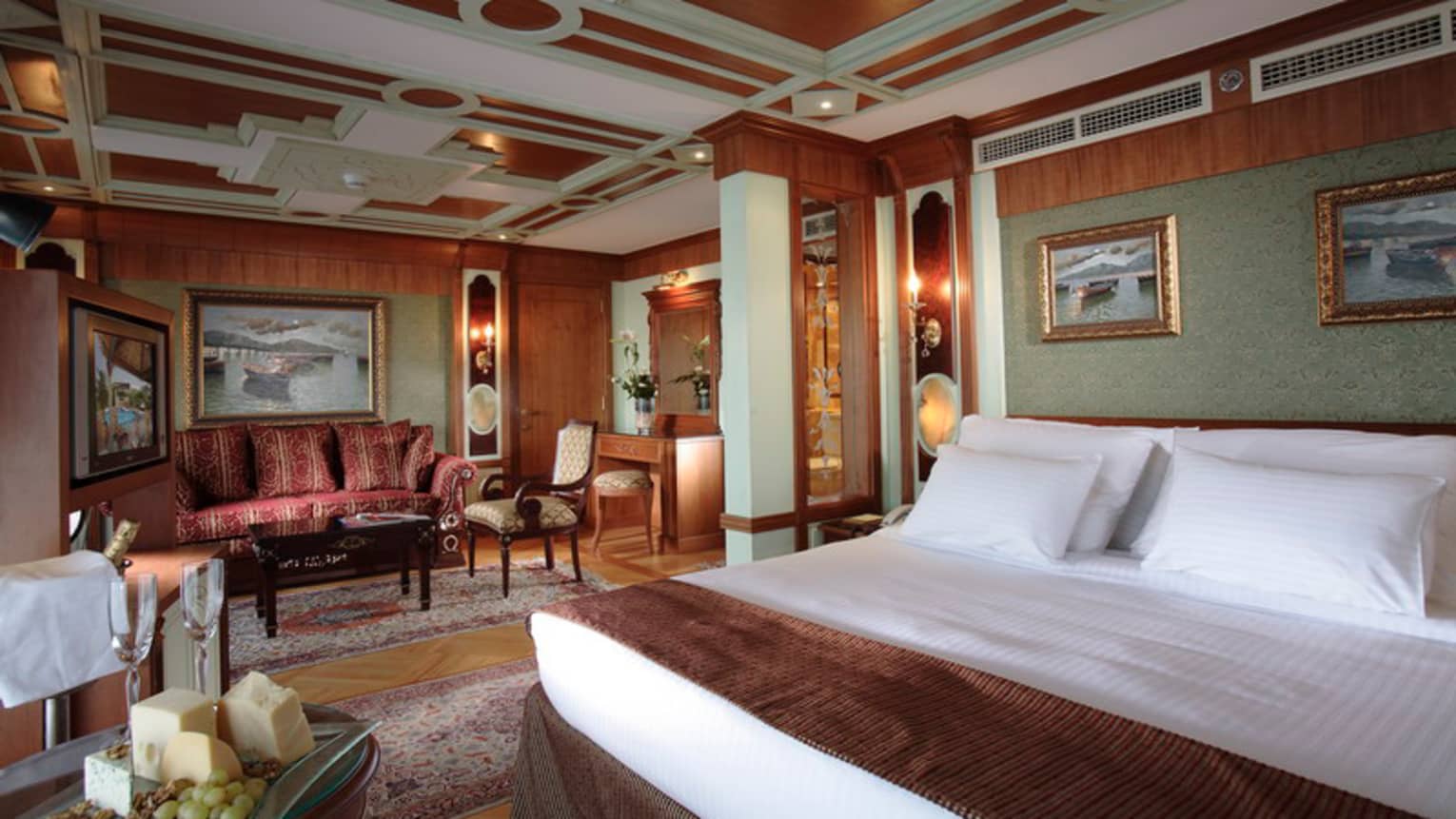 Cairo Hotel Giza Luxury Four Seasons At The First Residence Royal Suite Bedroom Wood Panelled Walls Paintings With Gold Frames Red Sofa