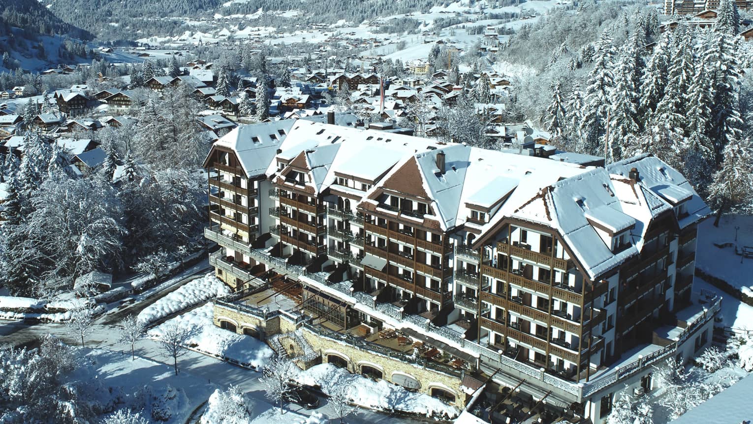 Aerial rendering of resort with mountains in background