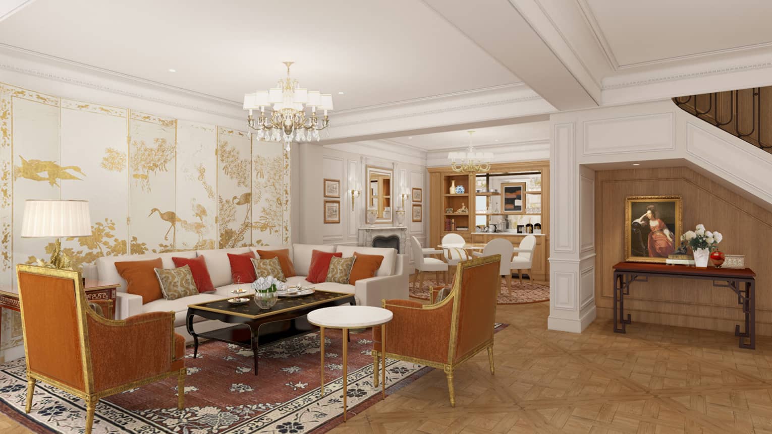 Hotel suite living room with sectional sofa, chandelier and two arm chairs