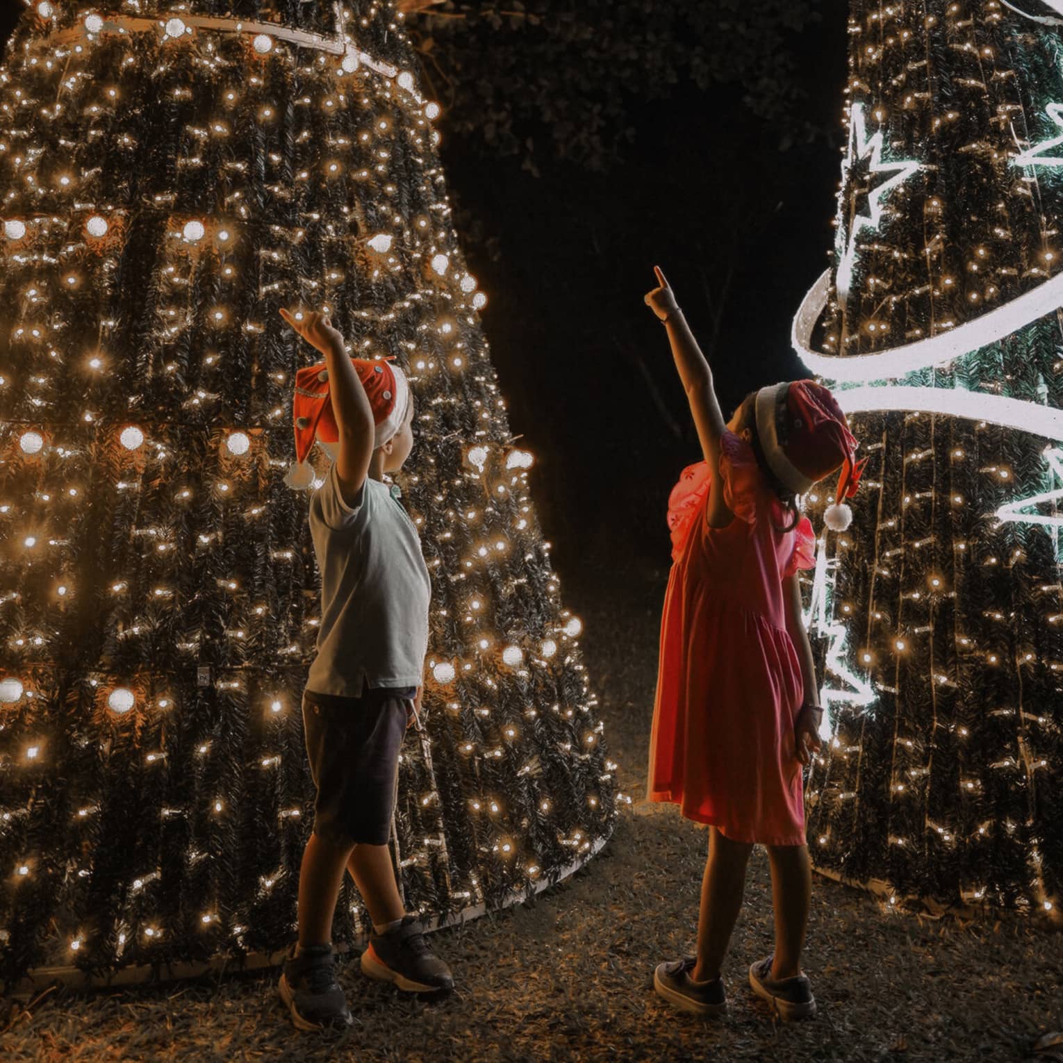 Two children wearing Santa hats, standing in front of two lit Christmas trees with one hand pointed upwards
