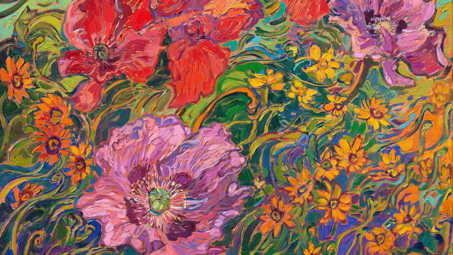 Colourful art piece by Erin Hanson, showing poppies