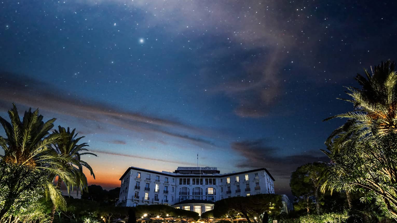 Starry sky, palm trees above Four Seasons Grand-Hotel du Cap-Ferrat