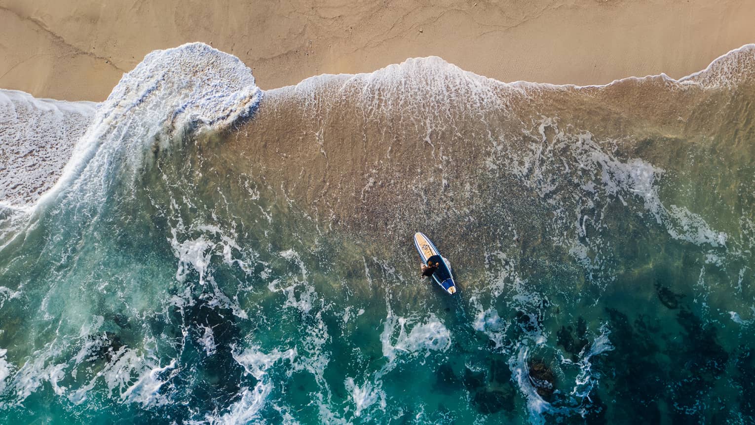 Aerial view of a person paddle boarding in the ocean by the beach