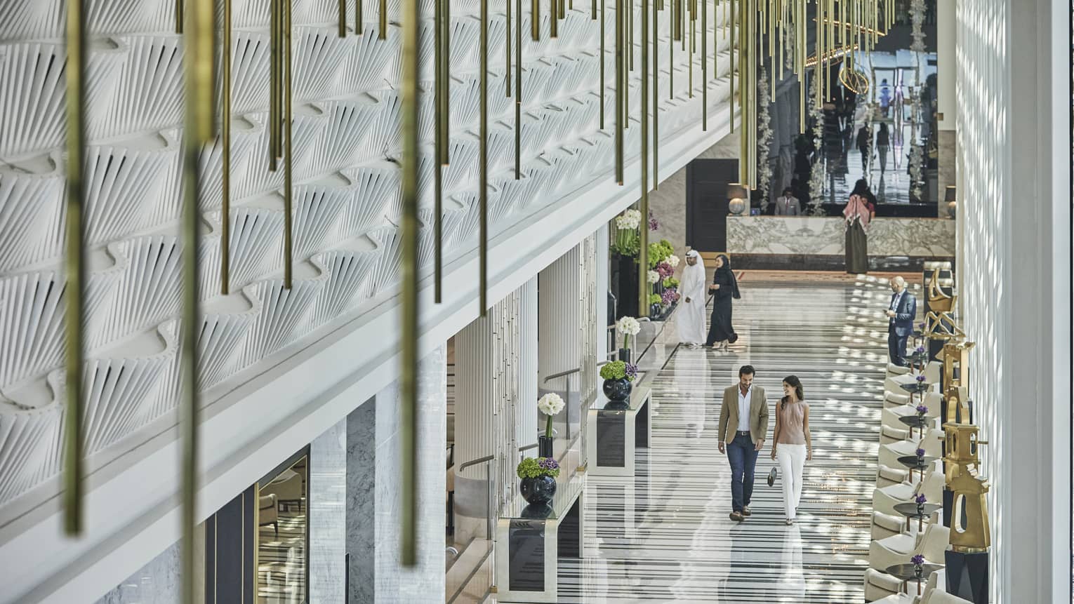 View of the white marble lobby of Four Seasons Hotel Abu Dhabi at Al Maryah Island