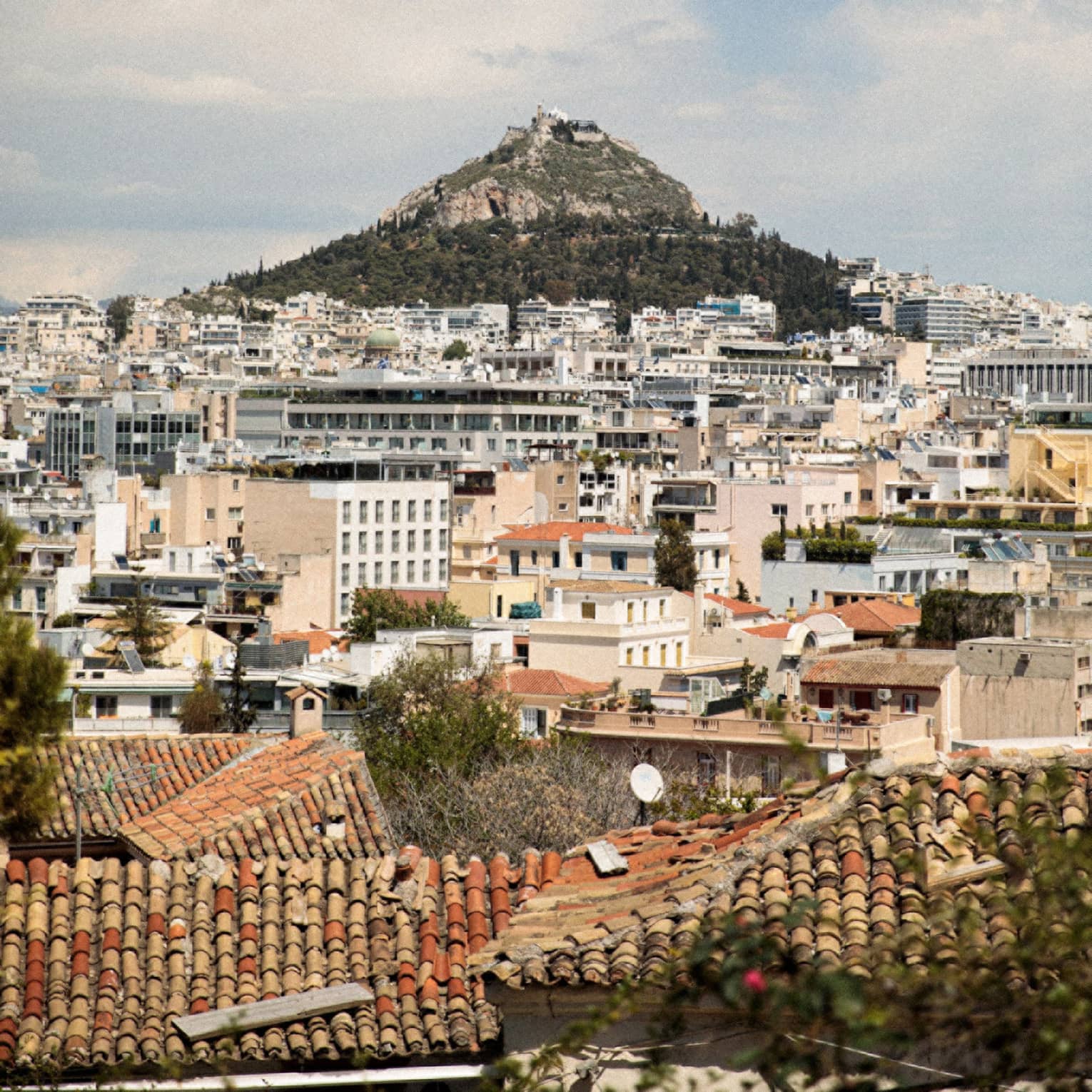 Mount Lycabettus rises from a base of pine trees within the city of Athens, a sprawl of pale modern buildings.