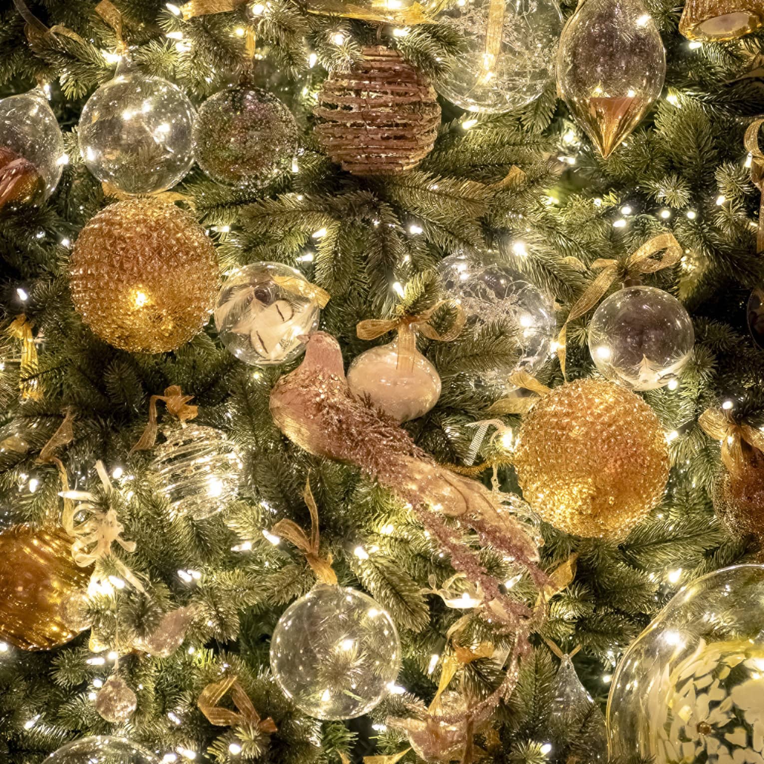 A lit, decorated Christmas tree