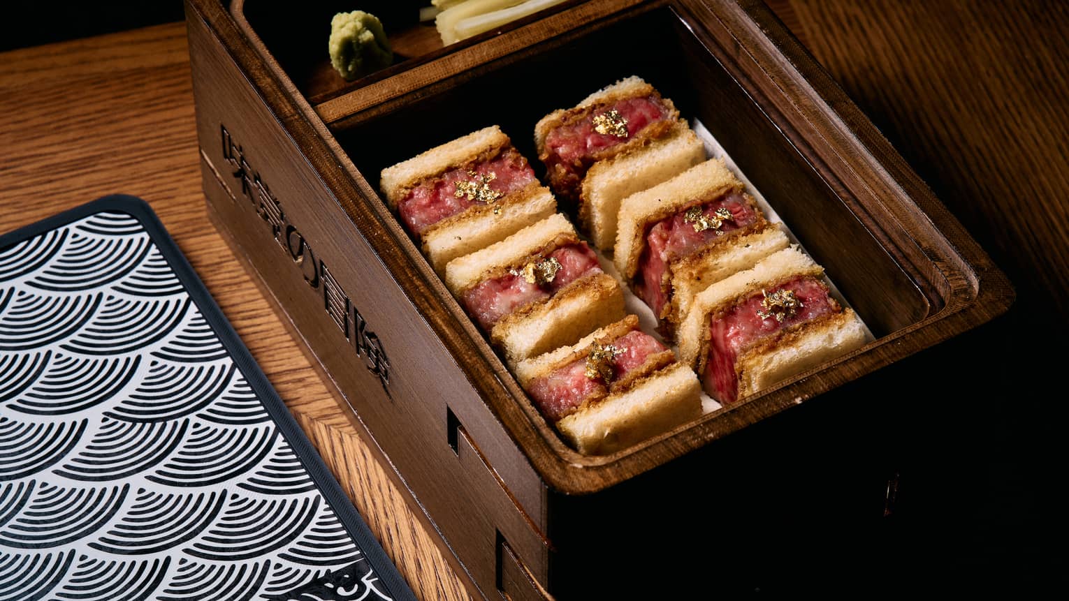 Kobe Wagyu Katsu Sando sliders in a wooden Bento Box