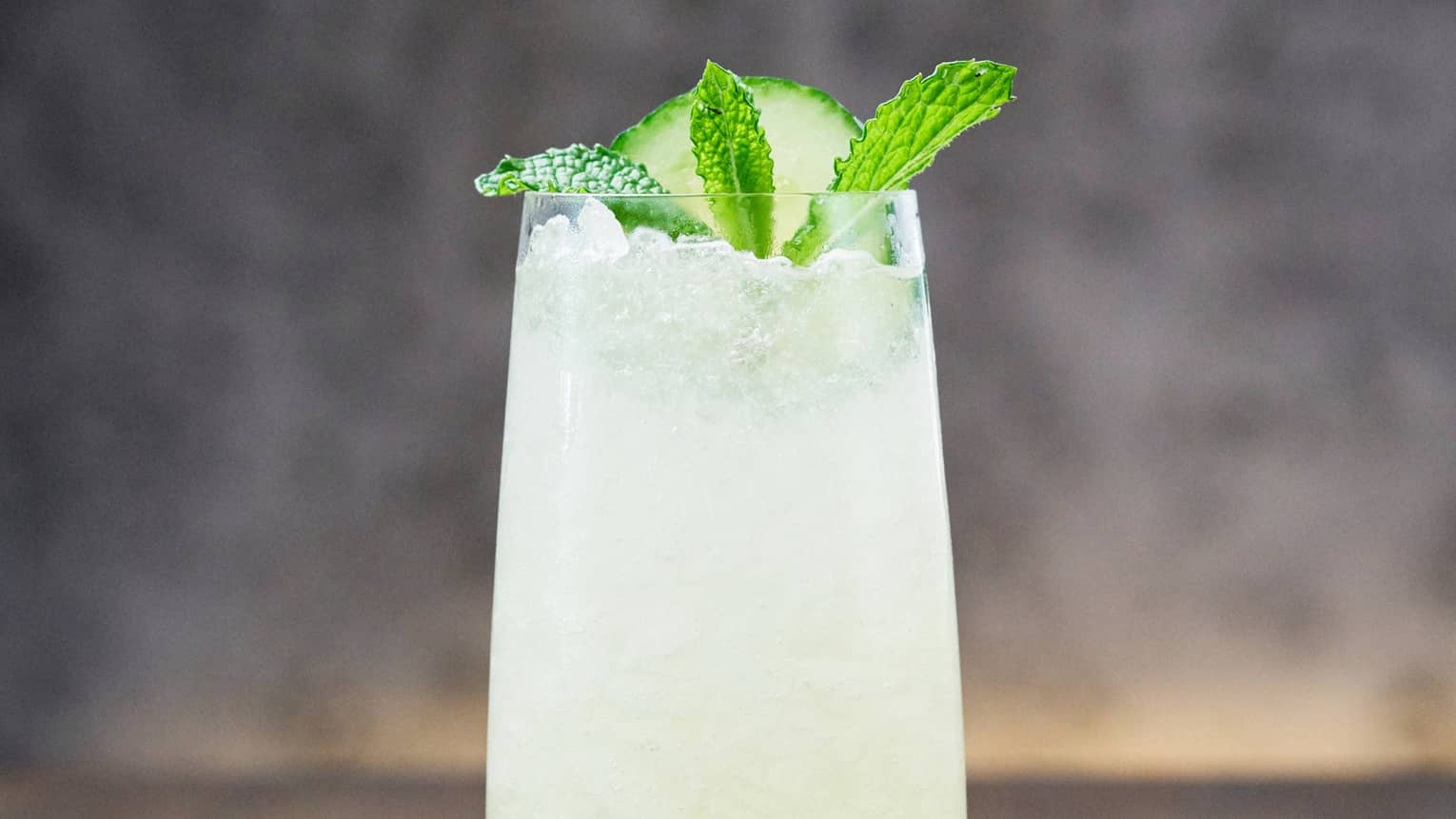 A tall cocktail that is light green in colour with a mint leaf and lime on top.