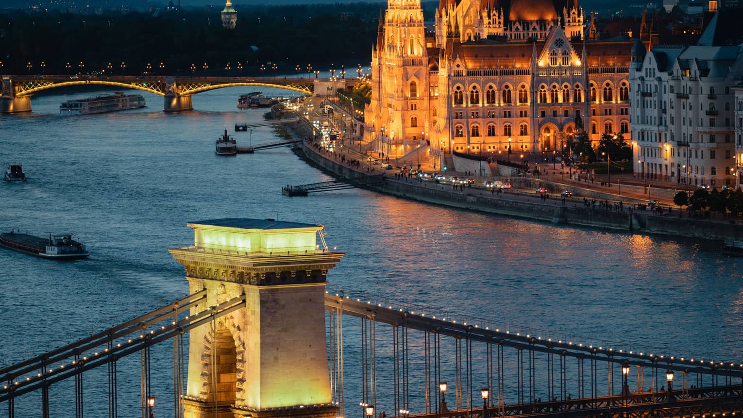 View of the Danube and buildings lit up at night