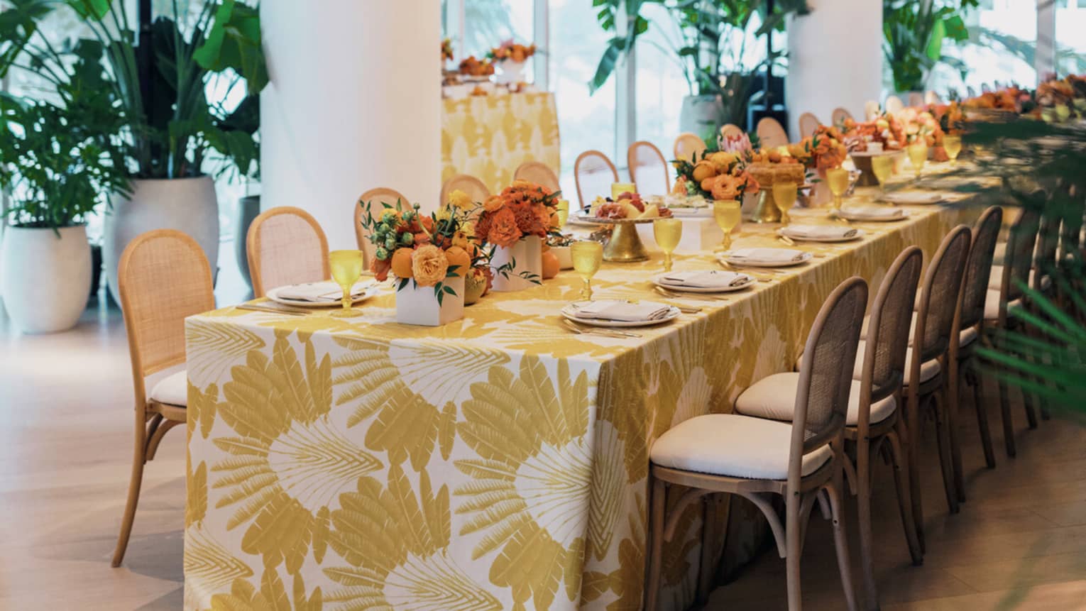 A colourful reception table with orange floral arrangements and a yellow patterned tablecloth in a room with floor to ceiling windows decorated with various large leafy plants