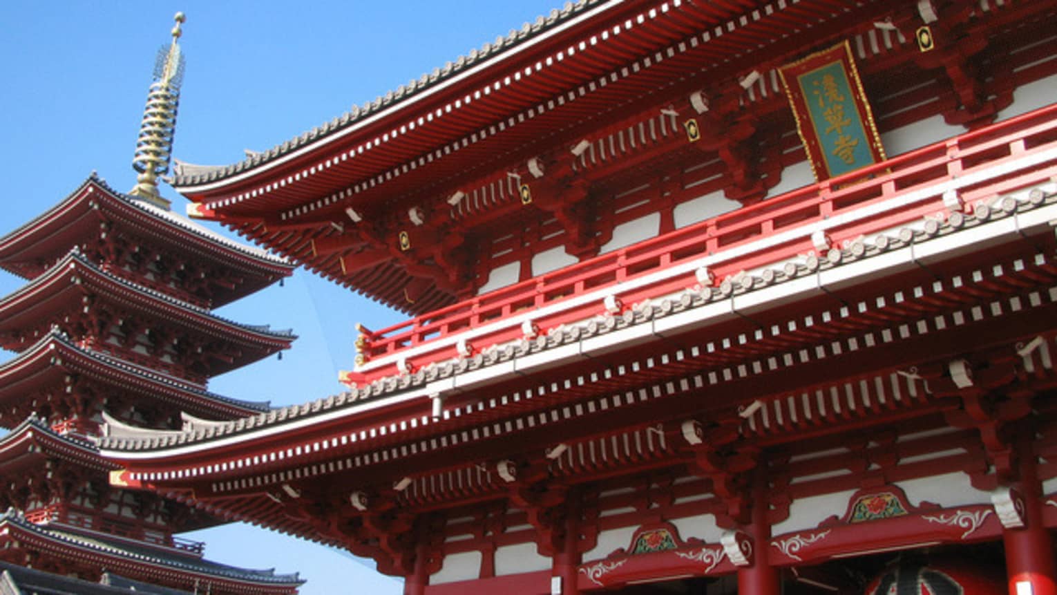 Close-up of detailed ridges of Senso-Ji Temple red pagoda