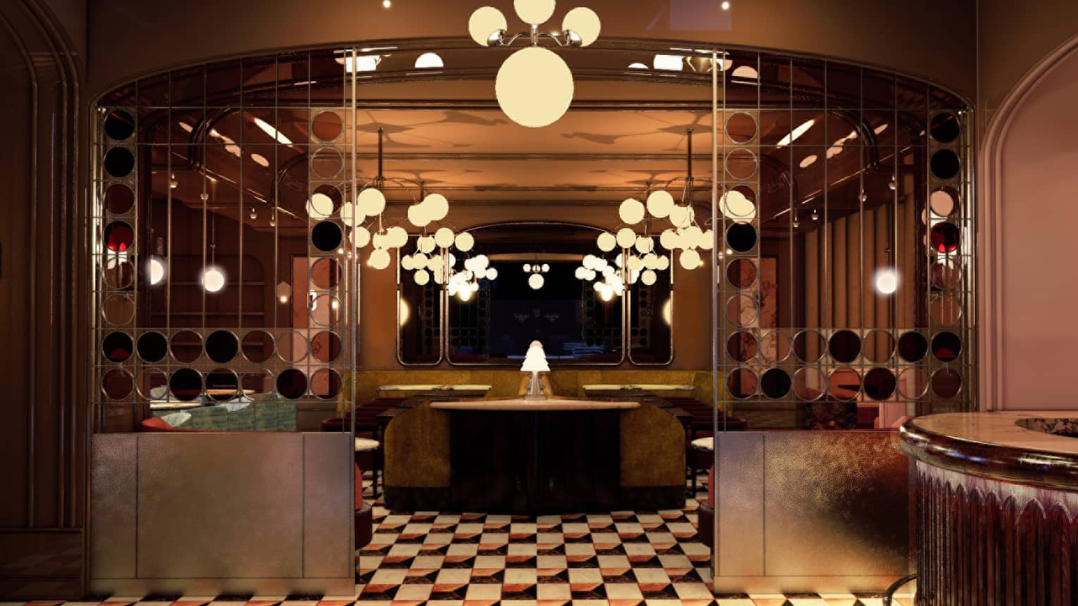 Entryway to a dining room with booth tables and soft lighting.
