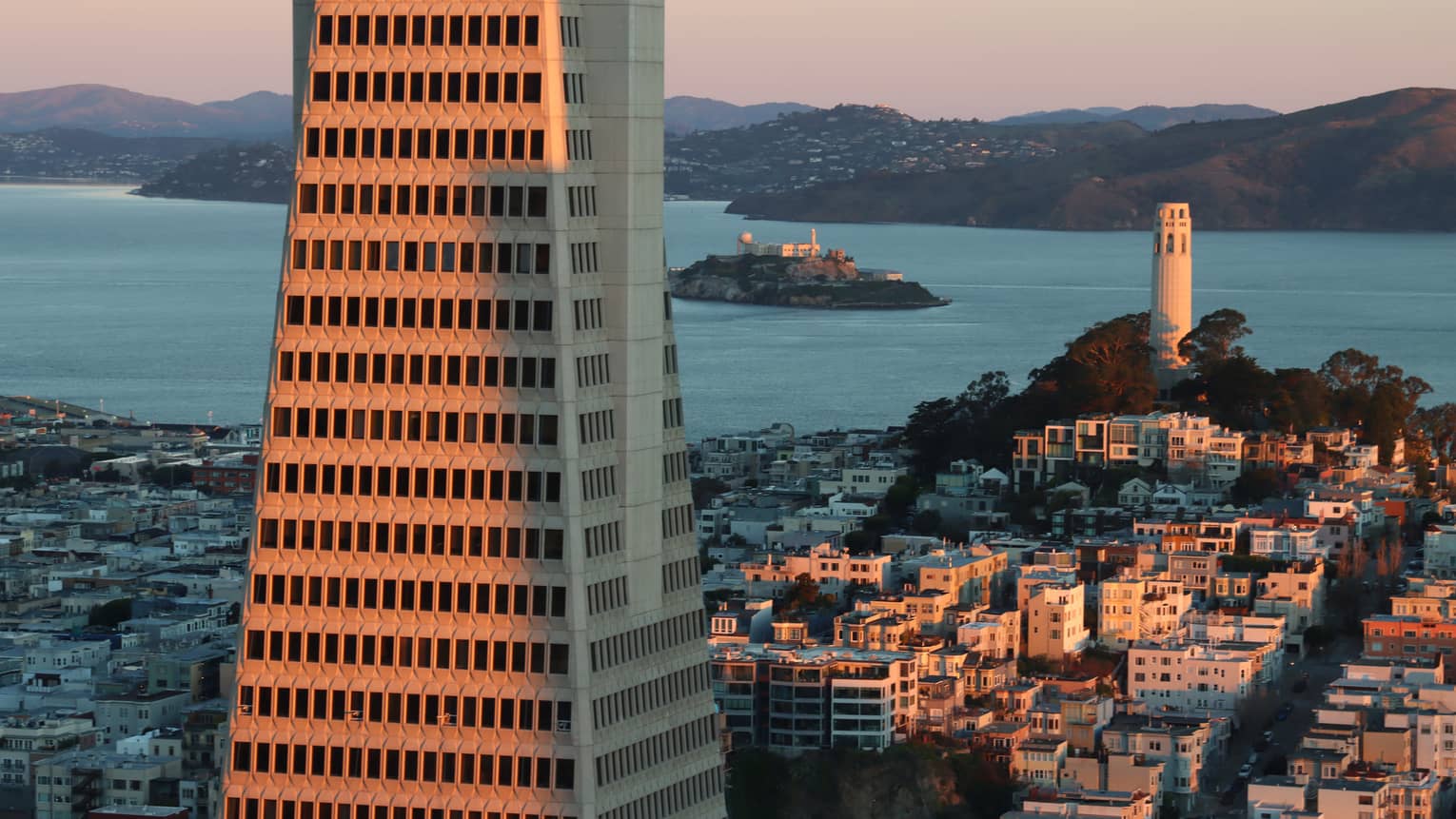A view of Alcatraz and Coit Tower in the distance.