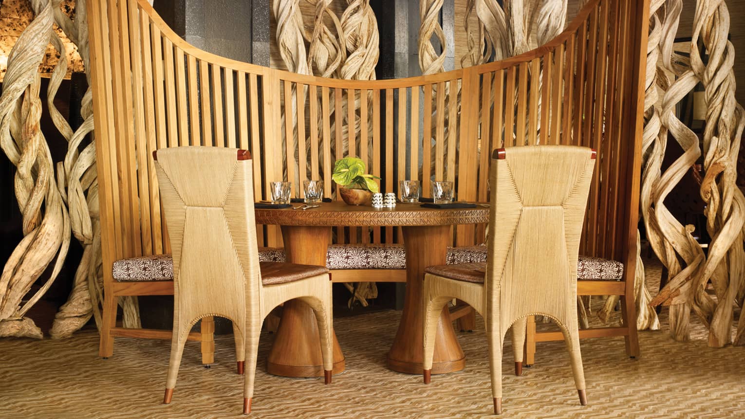 Teak booth, table, wood chairs in View Restaurant lounge